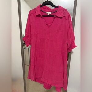 Umgee Hot Pink Crinkle Gauze V-Neck dress